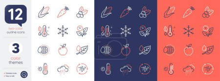 Téléchargez les illustrations : Set of Carrot, Corn and Apple line icons. Include Wind energy, Snowflake, Rainy weather icons. Leaves, Leaf dew, Christmas holly web elements. World water, Thermometer, Weather thermometer. Vector - en licence libre de droit