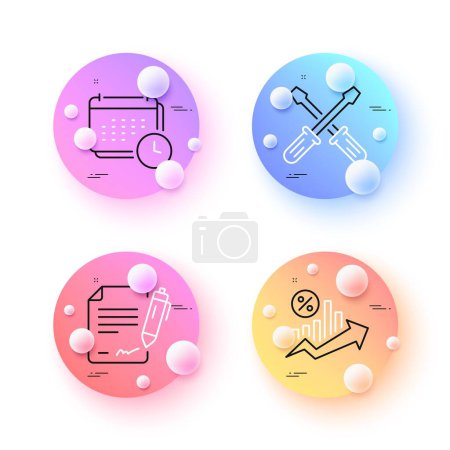 Téléchargez les illustrations : Screwdriverl, Signing document and Loan percent minimal line icons. 3d spheres or balls buttons. Calendar icons. For web, application, printing. Repair tool, Contract, Growth chart. Vector - en licence libre de droit