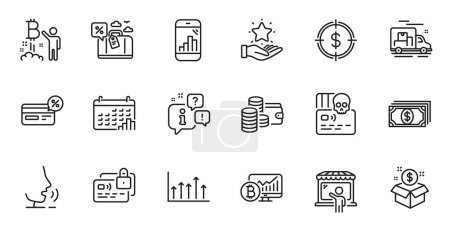 Téléchargez les illustrations : Outline set of Growth chart, Cyber attack and Wallet line icons for web application. Talk, information, delivery truck outline icon. Include Graph phone, Cashback, Card icons. Vector - en licence libre de droit