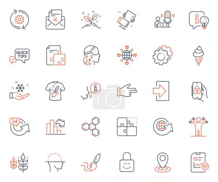 Illustration for Business icons set. Included icon as Locked app, Gluten free and Decreasing graph web elements. World globe, Winner cup, Logistics network icons. 24 hours, Reject letter. Vector - Royalty Free Image