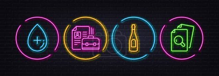 Téléchargez les illustrations : Oil serum, Vacancy and Champagne minimal line icons. Neon laser 3d lights. Inspect icons. For web, application, printing. Cosmetic care, Hiring job, Celebration drink. Search document. Vector - en licence libre de droit
