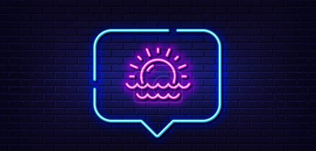 Illustration for Neon light speech bubble. Sunny weather forecast line icon. Summer sun sign. Sunset with waves. Neon light background. Sunset glow line. Brick wall banner. Vector - Royalty Free Image
