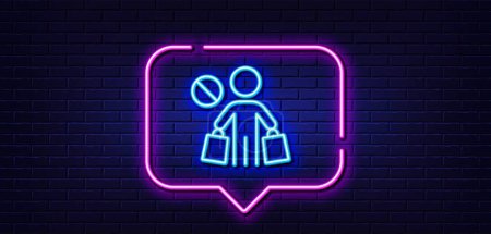 Téléchargez les illustrations : Neon light speech bubble. Stop shopping line icon. No panic buying sign. Man with shopping bags symbol. Neon light background. Stop shopping glow line. Brick wall banner. Vector - en licence libre de droit