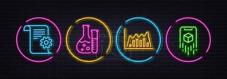 Illustration for Infographic graph, Chemistry lab and Technical documentation minimal line icons. Neon laser 3d lights. Augmented reality icons. For web, application, printing. Line diagram, Laboratory, Manual. Vector - Royalty Free Image