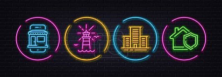 Illustration for Marketplace, University campus and Lighthouse minimal line icons. Neon laser 3d lights. Home insurance icons. For web, application, printing. Online shop, Town building, Navigation beacon. Vector - Royalty Free Image