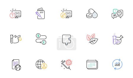Illustration for Calendar, Web system and Money transfer line icons for website, printing. Collection of Time management, Medical drugs, Vaccination passport icons. Chemistry lab, Blood donation. Vector - Royalty Free Image