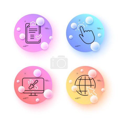 Téléchargez les illustrations : Touchpoint, Internet and Repair minimal line icons. 3d spheres or balls buttons. Approved checklist icons. For web, application, printing. Touch technology, World web, Computer service. Vector - en licence libre de droit