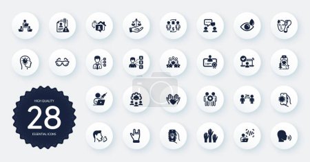 Ilustración de Set of People icons, such as Eye drops, People chatting and Eyeglasses flat icons. Buying process, Business meeting, Electronic thermometer web elements. Voting hands, Covid app. Vector - Imagen libre de derechos