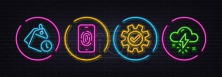 Illustration for Service, Fingerprint and Time management minimal line icons. Neon laser 3d lights. Thunderstorm weather icons. For web, application, printing. Cogwheel gear, Biometric scan, Clock tags. Vector - Royalty Free Image
