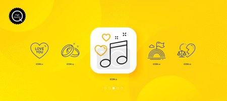 Illustration for Divorce lawyer, Love you and Love music minimal line icons. Yellow abstract background. Wedding rings, Lgbt icons. For web, application, printing. Broken heart, Sweetheart, Musical note. Vector - Royalty Free Image