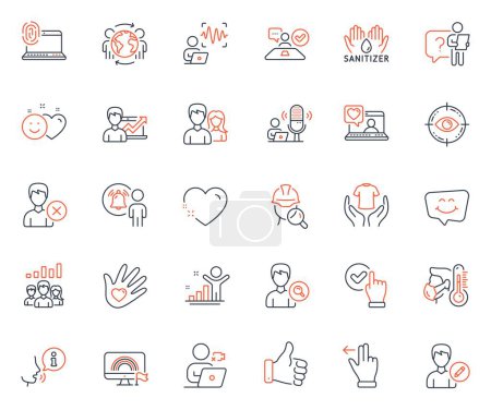 Illustration for People icons set. Included icon as Hand sanitizer, Smile chat and Video conference web elements. Friends chat, Search people, Remove account icons. Teamwork, User notification. Vector - Royalty Free Image