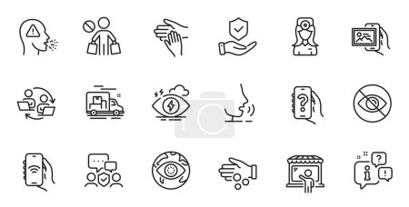 Illustration for Outline set of Image album, Market seller and Volunteer line icons for web application. Talk, information, delivery truck outline icon. Include Security agency, Teamwork process, Stress icons. Vector - Royalty Free Image
