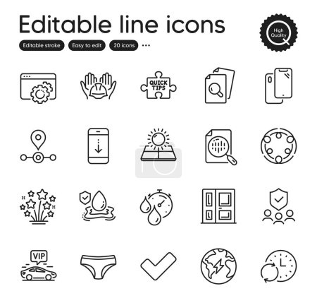 Illustration for Set of Business outline icons. Contains icons as Seo gear, Station and Sun energy elements. Vip transfer, Scroll down, Panties web signs. Inspect, Fireworks stars, Tick elements. Vector - Royalty Free Image