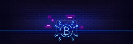 Illustration for Neon light glow effect. Bitcoin system line icon. Cryptocurrency scheme sign. Crypto money symbol. 3d line neon glow icon. Brick wall banner. Bitcoin system outline. Vector - Royalty Free Image