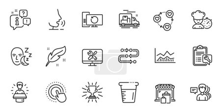 Téléchargez les illustrations : Outline set of Click hand, Recovery computer and Spanner line icons for web application. Talk, information, delivery truck outline icon. Include Brand ambassador, Market, Trophy icons. Vector - en licence libre de droit