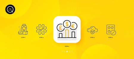 Illustration for Medical tablet, Currency rate and Service minimal line icons. Yellow abstract background. Cloud computing, Nurse icons. For web, application, printing. Vector - Royalty Free Image