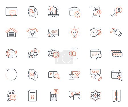 Illustration for Technology icons set. Included icon as Wifi, Calculator and Seo message web elements. Cogwheel timer, Seo, Fake information icons. Calendar, Idea, Report web signs. Outsource work. Vector - Royalty Free Image