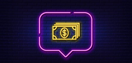 Ilustración de Neon light speech bubble. Cash money line icon. Banking currency sign. Dollar or USD symbol. Neon light background. Banking glow line. Brick wall banner. Vector - Imagen libre de derechos