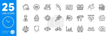 Illustration for Outline icons set. Ceiling lamp, Quiz test and Businessman icons. Chemistry pipette, Recovery file, Cogwheel dividers web elements. Employees teamwork, House security, Paint roller signs. Vector - Royalty Free Image