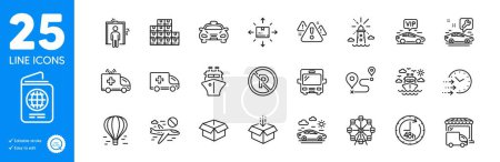 Illustration for Outline icons set. Ship travel, Journey and Cancel flight icons. Lighthouse, Wholesale inventory, Ferris wheel web elements. Ship, Vip transfer, Ambulance emergency signs. Cardboard box. Vector - Royalty Free Image