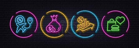 Téléchargez les illustrations : Flight sale, Cash and Loan percent minimal line icons. Neon laser 3d lights. Food donation icons. For web, application, printing. Travel discount, Banking currency, Growth chart. Charity meal. Vector - en licence libre de droit