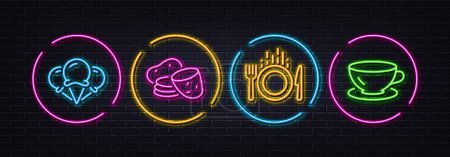 Téléchargez les illustrations : Potato, Food and Ice creams minimal line icons. Neon laser 3d lights. Espresso icons. For web, application, printing. Fresh vegetable, Cutlery, Vanilla waffle. Coffee cup. Neon lights buttons. Vector - en licence libre de droit