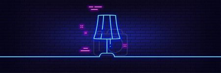 Illustration for Neon light glow effect. Table lamp line icon. Bedside light sign. Interior illuminate symbol. 3d line neon glow icon. Brick wall banner. Table lamp outline. Vector - Royalty Free Image