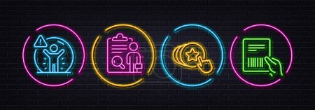Illustration for Inspect, Social distance and Hold heart minimal line icons. Neon laser 3d lights. Parcel invoice icons. For web, application, printing. Research list, People protection, Love brand. Vector - Royalty Free Image