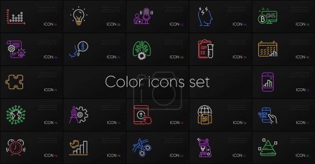 Illustration for Set of Coronavirus, Puzzle and Microscope line icons. Include Dot plot, Cogwheel, Graph phone icons. Growth chart, Scissors, Swipe up web elements. Stress, Medical analyzes, Energy. Vector - Royalty Free Image