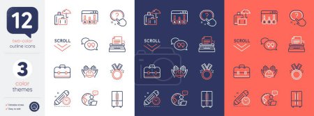 Illustration for Set of Portfolio, Typewriter and Scroll down line icons. Include Honor, Outsource work, Quote bubble icons. Project deadline, Luggage insurance, Question button web elements. Vector - Royalty Free Image