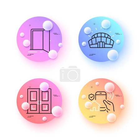 Illustration for Door, Sports stadium and Open door minimal line icons. 3d spheres or balls buttons. House security icons. For web, application, printing. Championship arena, Entrance, Smart home. Vector - Royalty Free Image