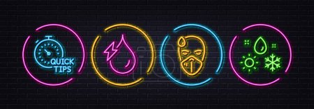 Illustration for Quick tips, Hydroelectricity and Sick man minimal line icons. Neon laser 3d lights. Weather icons. For web, application, printing. Helpful tricks, Hydroelectric energy, Epidemic protection. Vector - Royalty Free Image