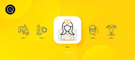 Téléchargez les illustrations : Dumbbells workout, Chat app and Wash hand minimal line icons. Yellow abstract background. Hospital nurse, Plan icons. For web, application, printing. Vector - en licence libre de droit