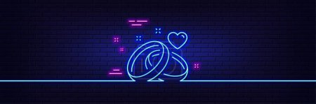 Illustration for Neon light glow effect. Marriage rings line icon. Romantic engagement or wedding sign. Couple relationships symbol. 3d line neon glow icon. Brick wall banner. Marriage rings outline. Vector - Royalty Free Image