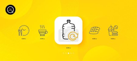 Téléchargez les illustrations : Refill water, Food time and Bread minimal line icons. Yellow abstract background. Fast food, Cafe creme icons. For web, application, printing. Cooler bottle, Eat clock, Fresh baguette. Vector - en licence libre de droit