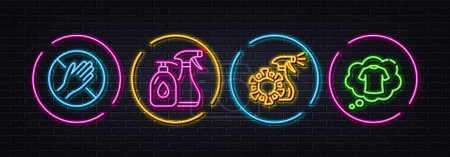 Illustration for Coronavirus spray, Cleaning liquids and Dont touch minimal line icons. Neon laser 3d lights. T-shirt icons. For web, application, printing. Covid antiseptic, Antiseptic soap, Clean hand. Vector - Royalty Free Image