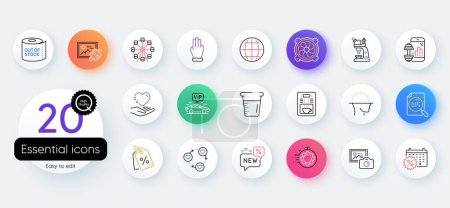 Téléchargez les illustrations : Simple set of Ferris wheel, Vip transfer and Three fingers line icons. Include Coffee maker, Photo camera, Puzzle image icons. Microscope, Seo timer, Toilet paper web elements. Vector - en licence libre de droit