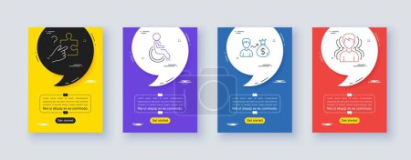 Téléchargez les illustrations : Set of Search puzzle, Sallary and Disability line icons. Poster offer frame with quote, comma. Include Group icons. For web, application. Jigsaw game, Person earnings, Wheelchair user. Vector - en licence libre de droit