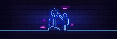 Illustration for Neon light glow effect. Creative idea line icon. Human launch startup sign. Inspiration symbol. 3d line neon glow icon. Brick wall banner. Creative idea outline. Vector - Royalty Free Image