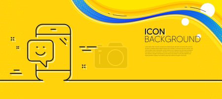 Téléchargez les illustrations : Smile phone line icon. Abstract yellow background. Positive feedback rating sign. Customer satisfaction symbol. Minimal smile line icon. Wave banner concept. Vector - en licence libre de droit