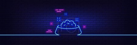 Illustration for Neon light glow effect. Dog feeding line icon. Pets food sign. Pet bowl symbol. 3d line neon glow icon. Brick wall banner. Dog feeding outline. Vector - Royalty Free Image
