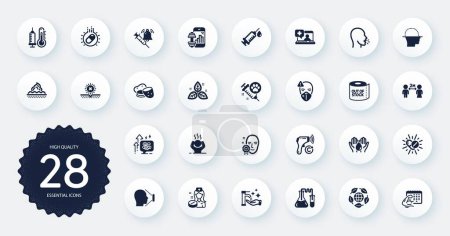 Illustration for Set of Healthcare icons, such as Difficult stress, Toilet paper and Medical mask flat icons. Skin care, Capsule pill, No sun web elements. Medical drugs, Face scanning, Stress grows signs. Vector - Royalty Free Image