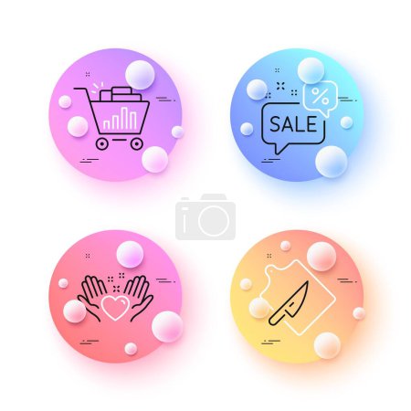 Téléchargez les illustrations : Discounts bubble, Cutting board and Seo shopping minimal line icons. 3d spheres or balls buttons. Hold heart icons. For web, application, printing. Sale message, Knife, Analytics. Friendship. Vector - en licence libre de droit