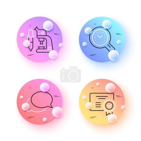 Illustration for Microscope, Certificate and Messenger minimal line icons. 3d spheres or balls buttons. Time management icons. For web, application, printing. Vector - Royalty Free Image