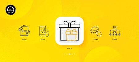 Illustration for Heart rating, Restructuring and Luggage minimal line icons. Yellow abstract background. Dislike, Delivery boxes icons. For web, application, printing. Phone feedback, Delegate, Baggage locker. Vector - Royalty Free Image