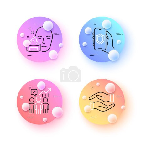 Illustration for Business statistics, Face cream and Helping hand minimal line icons. 3d spheres or balls buttons. Security app icons. For web, application, printing. Working report, Gel, Charity palm. Vector - Royalty Free Image