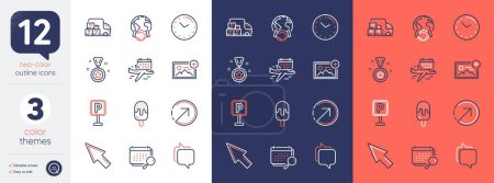 Illustration for Set of Parking, Add photo and Messenger line icons. Include Direction, Select flight, Mouse cursor icons. Calendar, Time, Delivery truck web elements. Global business, Winner reward, Ice cream. Vector - Royalty Free Image