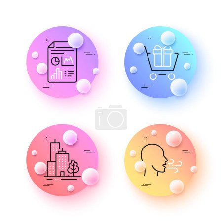 Téléchargez les illustrations : Skyscraper buildings, Report document and Breathing exercise minimal line icons. 3d spheres or balls buttons. Shopping cart icons. For web, application, printing. Vector - en licence libre de droit