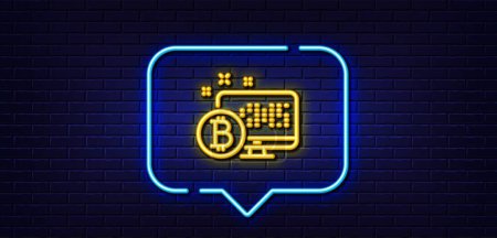Téléchargez les illustrations : Neon light speech bubble. Bitcoin line icon. Cryptocurrency monitor sign. Crypto money symbol. Neon light background. Bitcoin system glow line. Brick wall banner. Vector - en licence libre de droit