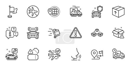 Ilustración de Outline set of Flight mode, Package and Push cart line icons for web application. Talk, information, delivery truck outline icon. Include Journey, Delivery, Car icons. Vector - Imagen libre de derechos